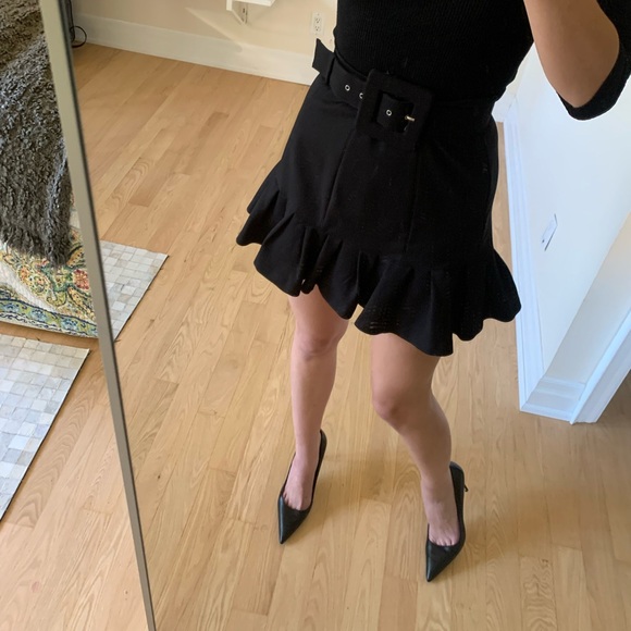 Black Ruffle Mini Skirt with Belted Waist - Cinched and Elegant - Picture 2 of 5